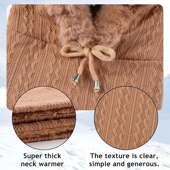 Women Khaki Polyester Warm Thick Fluff Beanie Adult Neck Face Winter Balaclava - Picture 6 of 7